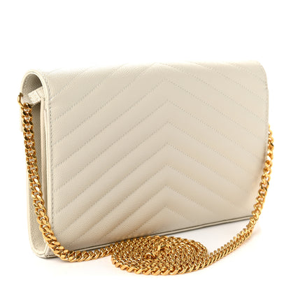 Saint Laurent Grain De Poudre Matelasse Chevron Monogram Chain Wallet Crema Soft 3 of 10