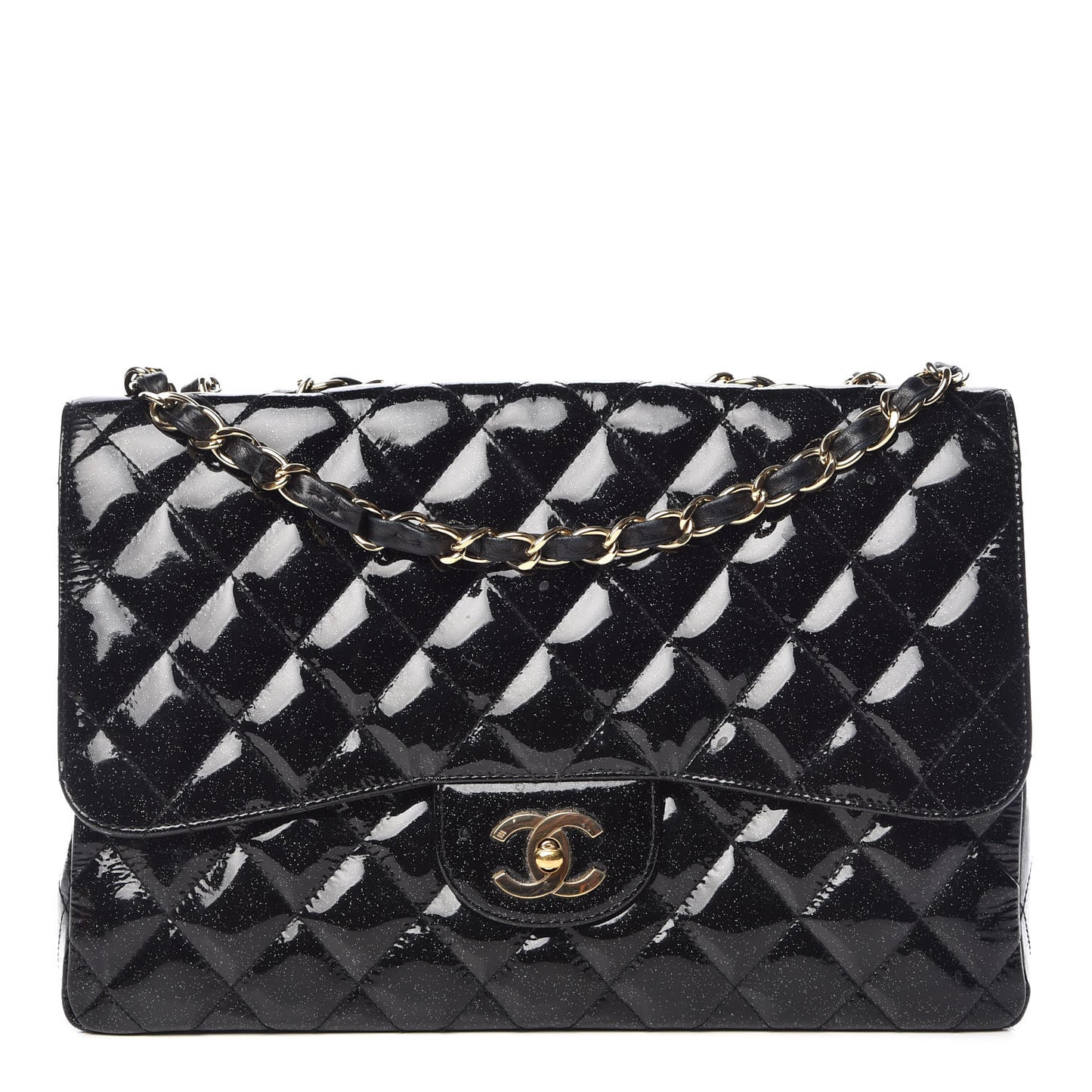 Patent Quilted Sparkle Glitter Jumbo Single Flap Black