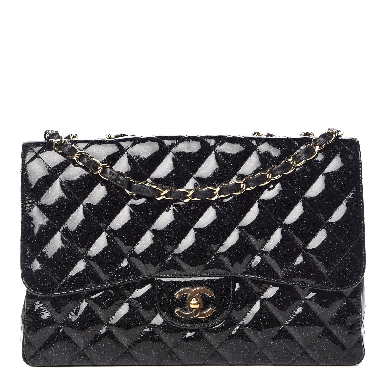 Chanel Patent Quilted Sparkle Glitter Jumbo Single Flap Black 1 of 11