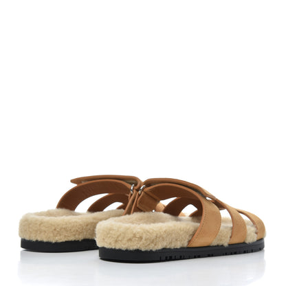 Hermes Suede Goatskin Woolskin Womens Chypre Sandals 37 Golden Beige 4 of 9