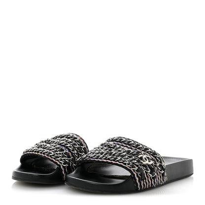 Chanel Satin Canvas Chain Slides Sandals Flats 37.5 Marine 4 of 12