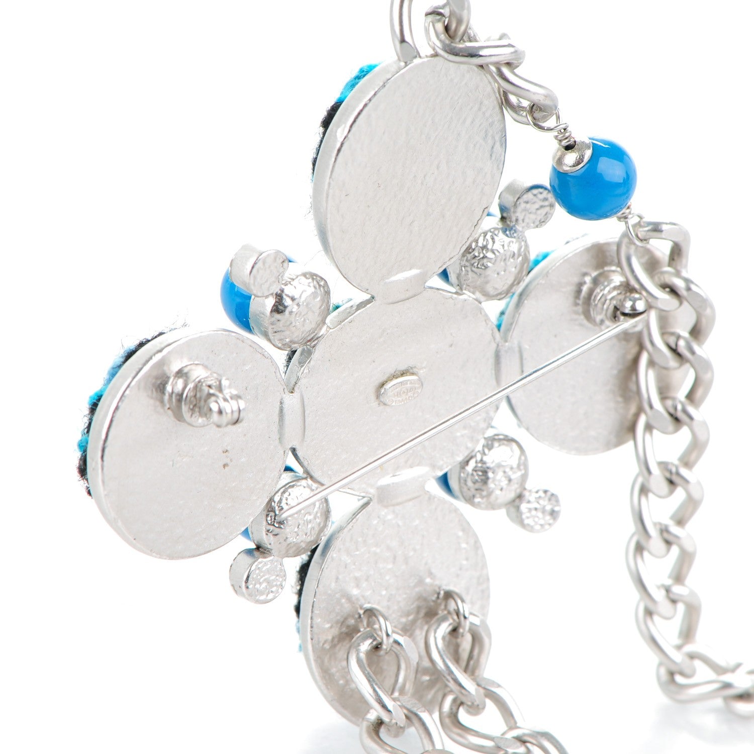 Chanel Gripoix Poured Glass Tweed Crystal CC Long Necklace Brooch Silver Blue 5 of 8