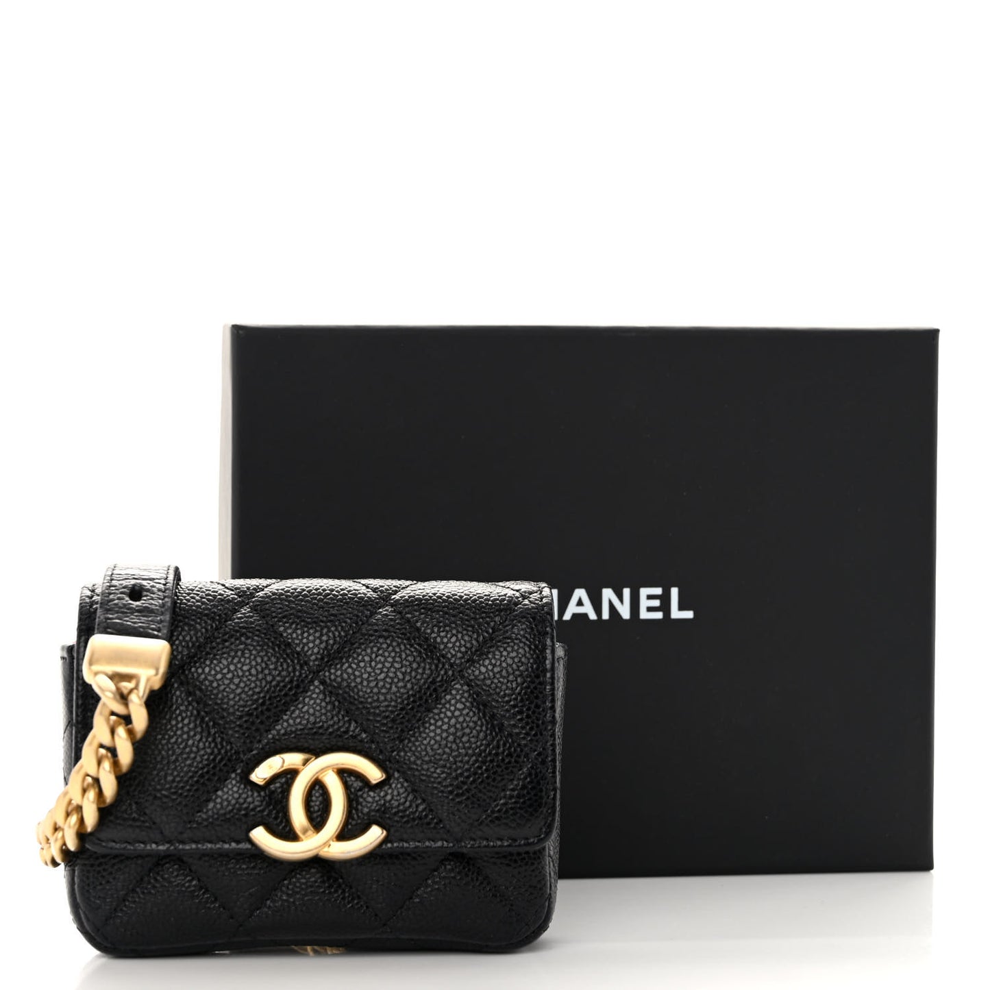 Shiny Caviar Quilted Chain Melody Belt Bag Black