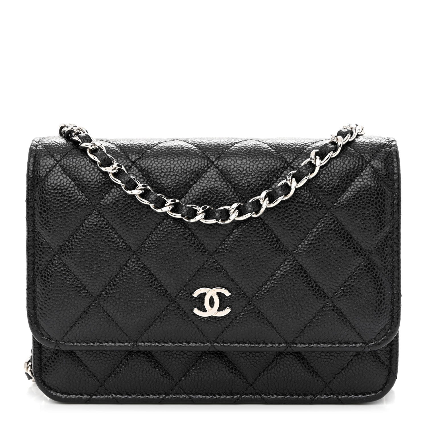 front view image of CHANELCaviar Quilted Mini Wallet On Chain WOC in the color Black by FASHIONPHILE