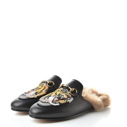 Gucci Calfskin Fur Tiger Embroidered Womens Princetown Slippers 35.5 Black 3 of 9