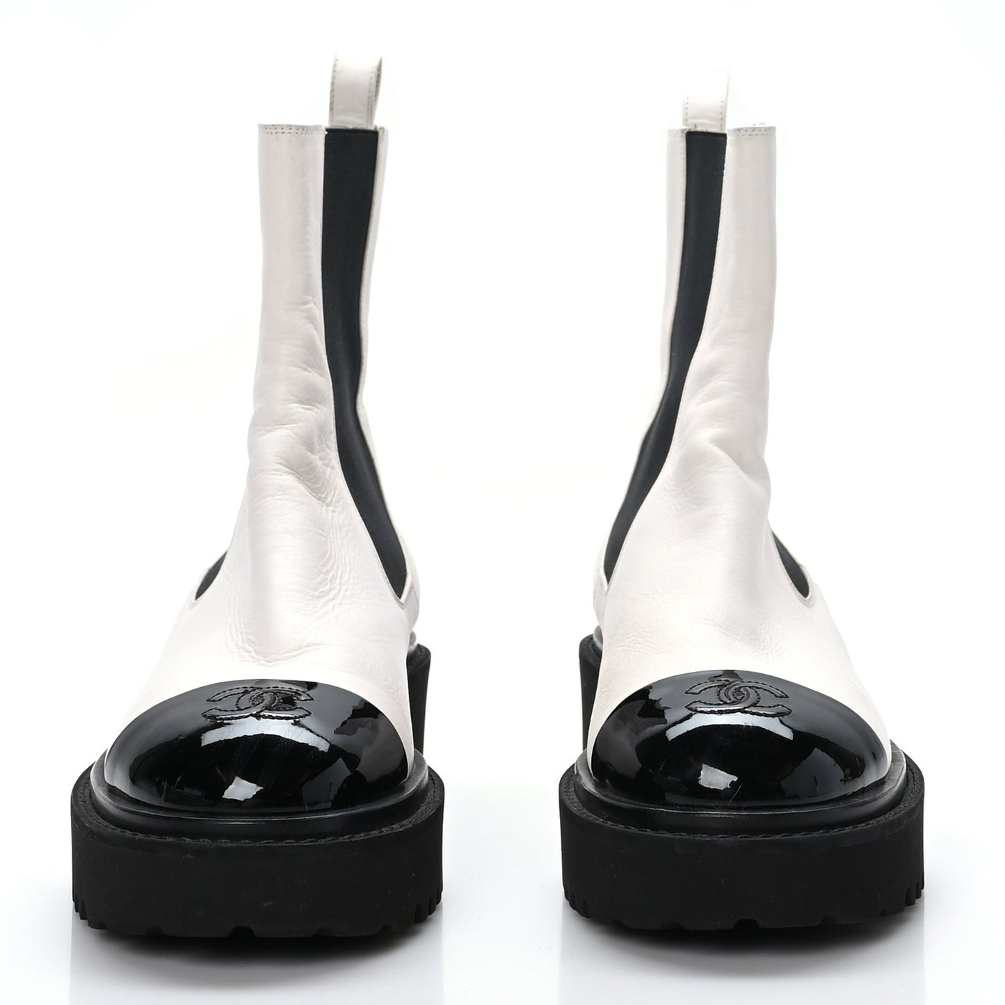 Patent Calfskin Cap Toe CC Ankle Boots 38.5 White Black