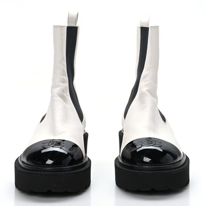 Chanel Patent Calfskin Cap Toe CC Ankle Boots 38.5 White Black 2 of 8
