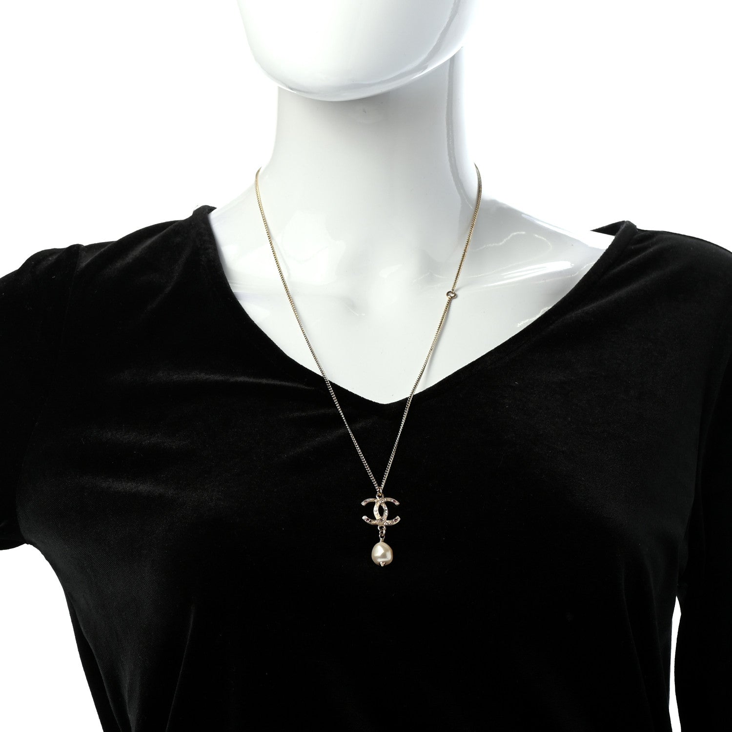 Chanel Crystal CC Pearl Drop Necklace Gold 2 of 5