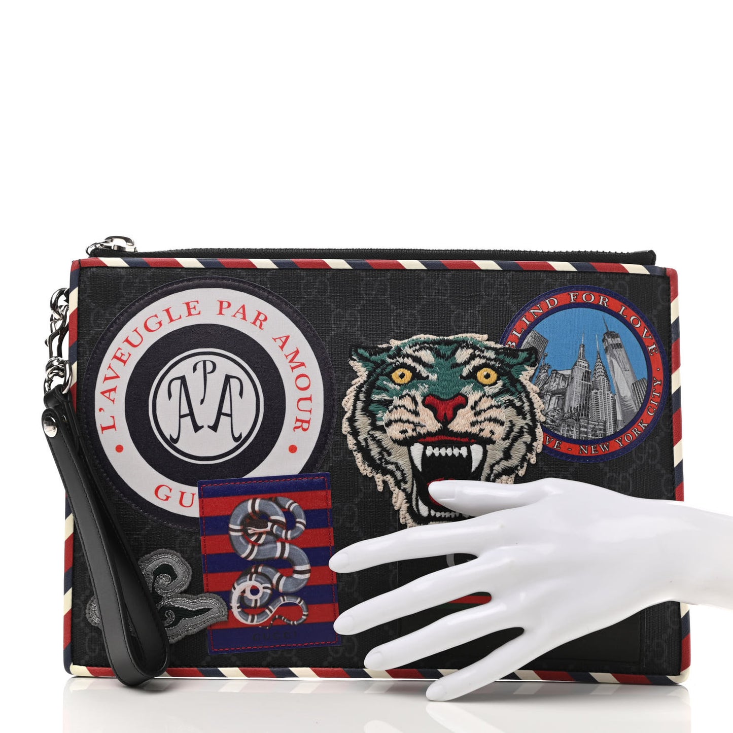 GG Supreme Monogram Night Courrier Zip Wristlet Pouch Black Multicolor