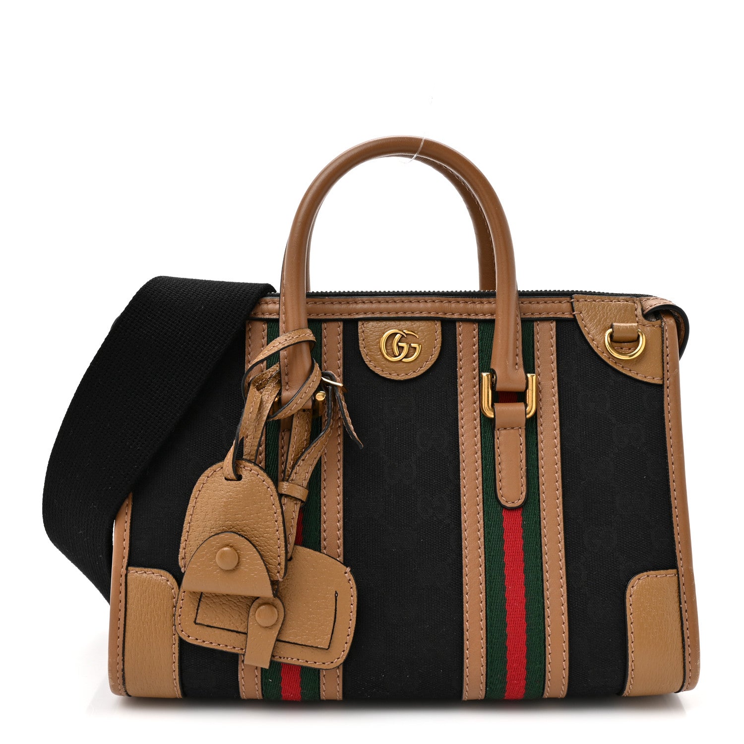 Gucci Monogram Textured Dollar Calfskin Web Small Bauletto Duffle Top Handle Bag Black Koi Beige 1 of 15
