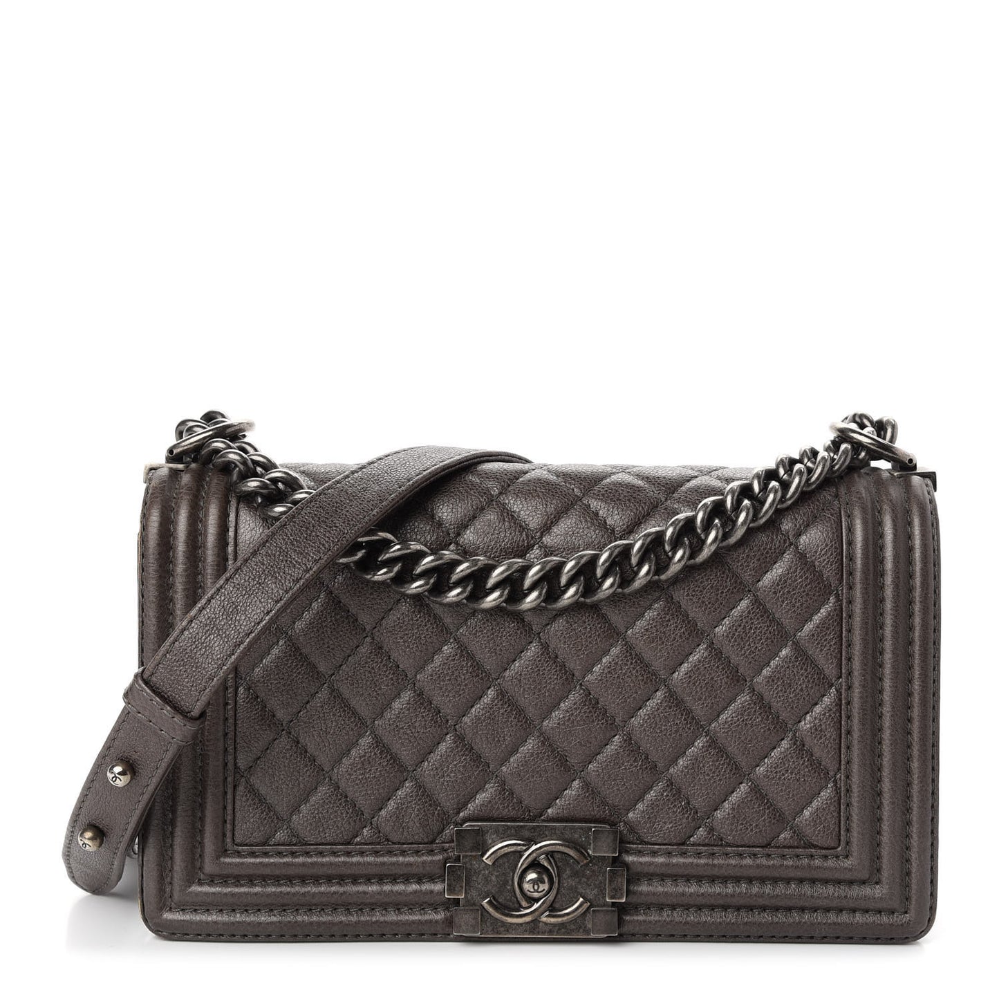 Metallic Calfskin Quilted Medium Boy Flap Dark Silver
