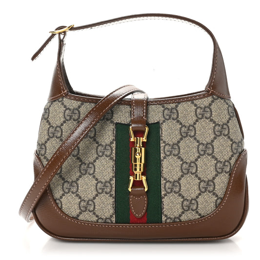 GG Supreme Monogram Azalea Calfskin Web Mini Jackie 1961 Hobo Beige Ebony Brown Sugar