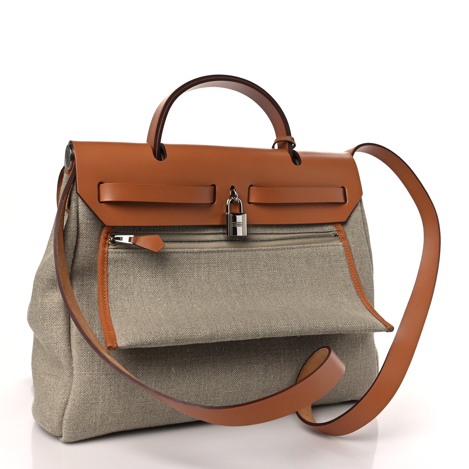 Hermes Military Toile Vache Hunter Herbag Zip Retourne 31 PM Beton Naturel 4 of 11