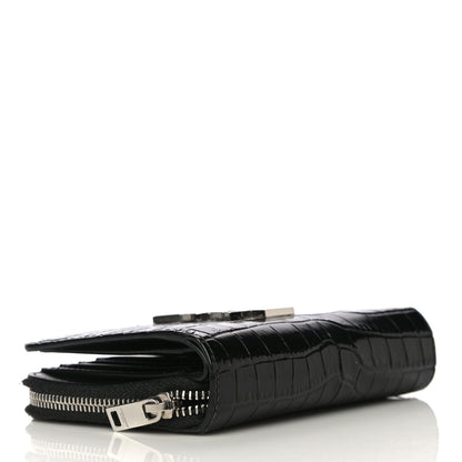 Saint Laurent Calfskin Crocodile Embossed Monogram Compact Wallet Black 4 of 13