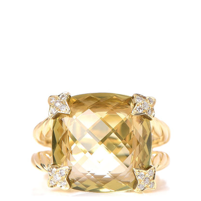David Yurman 18K Yellow Gold Citrine Diamond 15mm Cushion On Point Ring 54 7 1 of 6