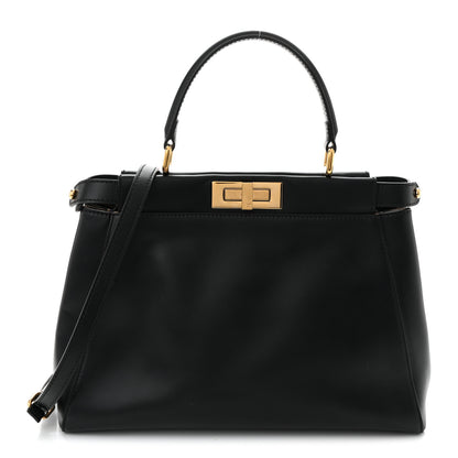 Fendi Vitello Morgan Fabric Jacquard Pequin Medium Peekaboo Iconic Satchel Black Tobacco 1 of 11