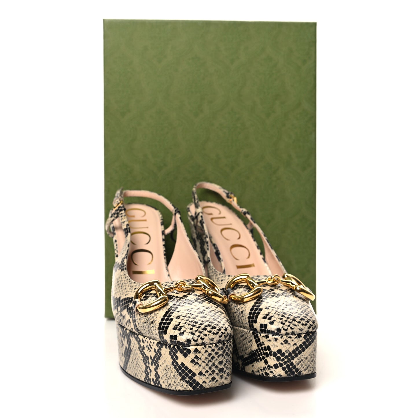 Calfskin Snakeskin Print Horsebit Platform 35/120mm Slingback Pumps 37.5 Beige Avana