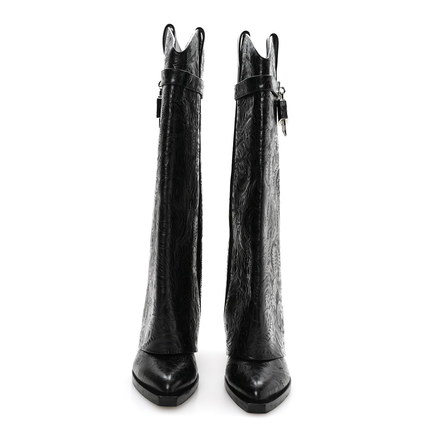 Calfskin Embossed Cowboy Shark Lock High Boots  40 Black