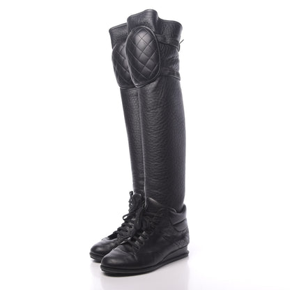 Chanel Calfskin Tumbled Lambskin Lace Up Knee High Sneaker Boots 37 Black 3 of 8