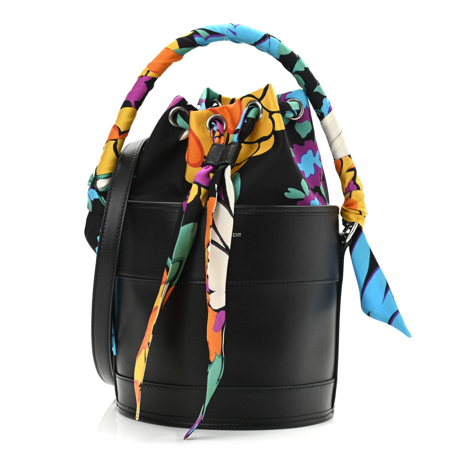 Saint Laurent Calfskin Silk Floral Print Small Bucket Bag Black Multicolor 1 of 9