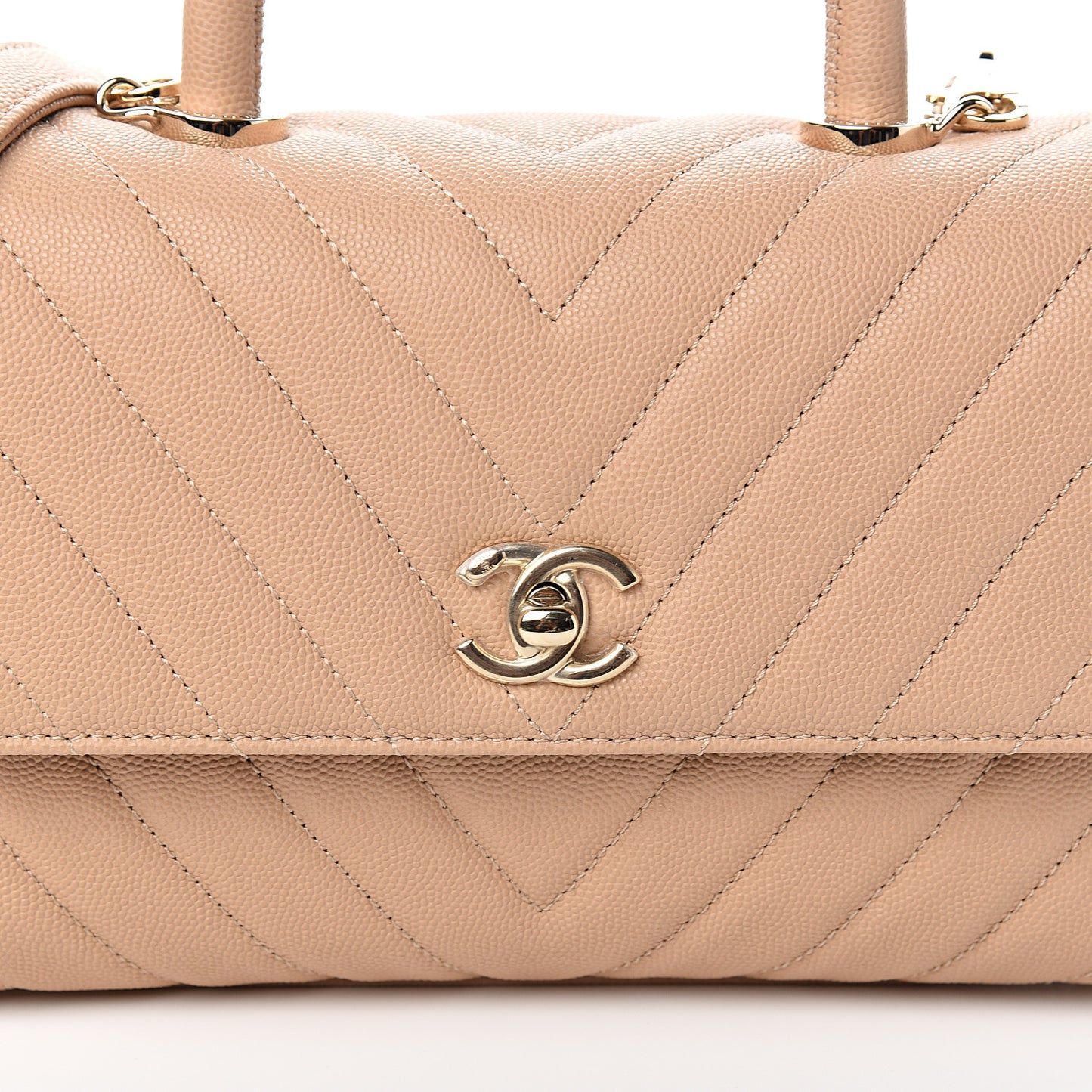 Caviar Chevron Quilted Mini Coco Handle Flap Beige