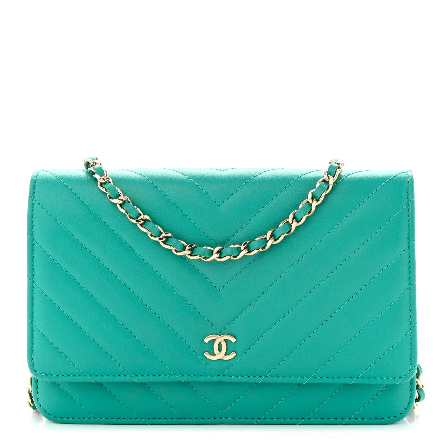 Chanel Lambskin Chevron Quilted Wallet On Chain WOC Turquoise 1 of 10