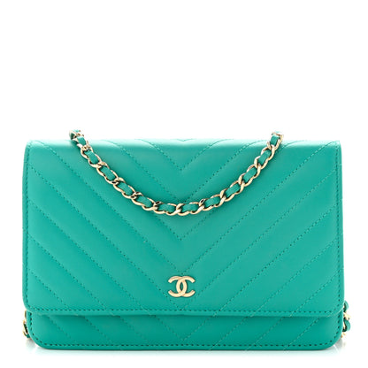 Chanel Lambskin Chevron Quilted Wallet On Chain WOC Turquoise 1 of 10