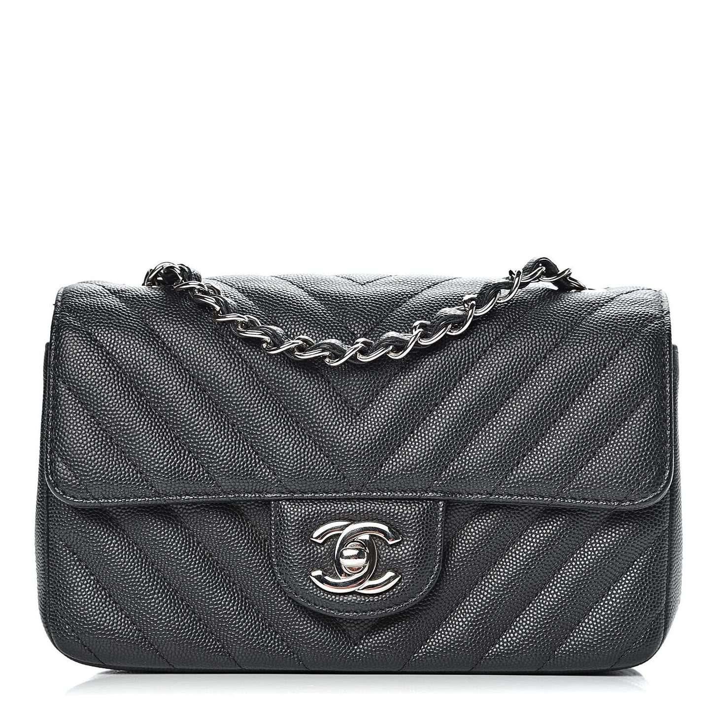Caviar Chevron Quilted Mini Rectangular Flap Black