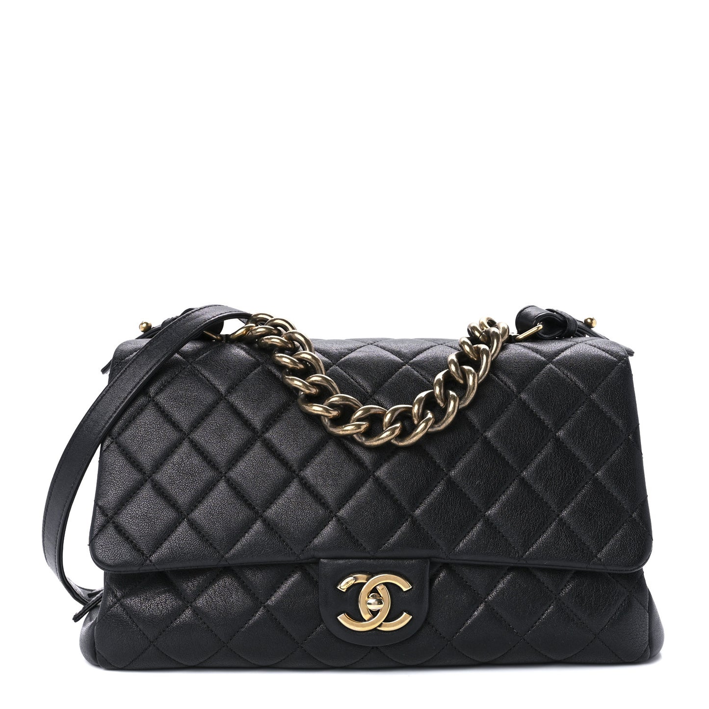 Shiny Sheepskin Quilted Large Trapezio Flap Black