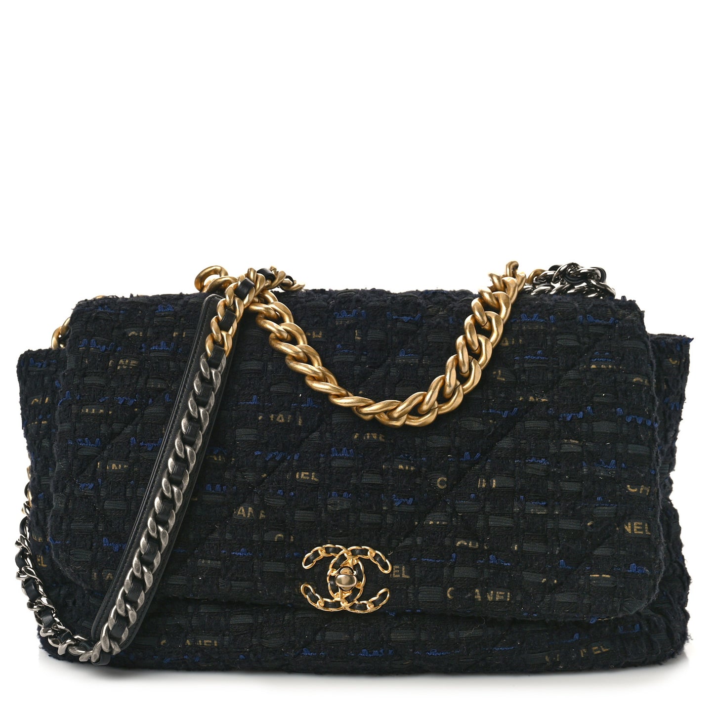 Tweed Quilted Maxi Chanel 19 Flap Black Navy Gold