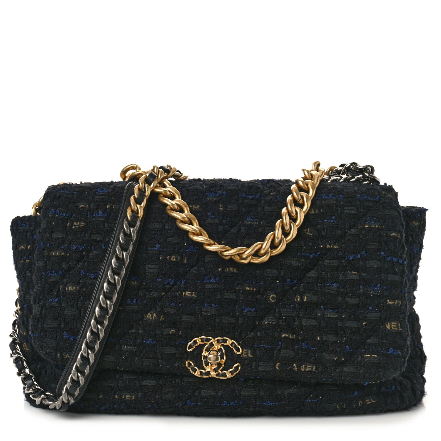 Chanel Tweed Quilted Maxi Chanel 19 Flap Black Navy Gold 1 of 9