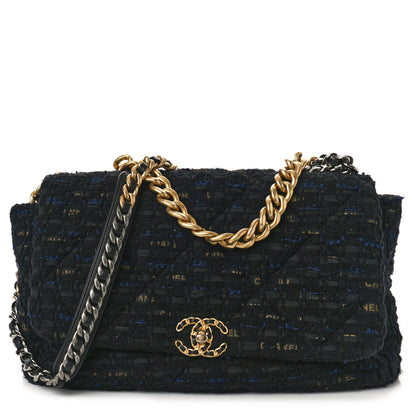 Chanel Tweed Quilted Maxi Chanel 19 Flap Black Navy Gold 1 of 9