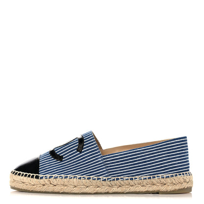 Chanel Canvas Striped Patent CC Espadrilles 41 Navy Black 1 of 12