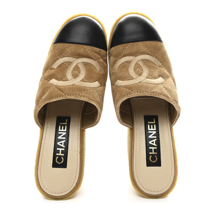 Chanel Suede Calfskin Lambskin Quilted CC Mules 37 Beige Black 2 of 11