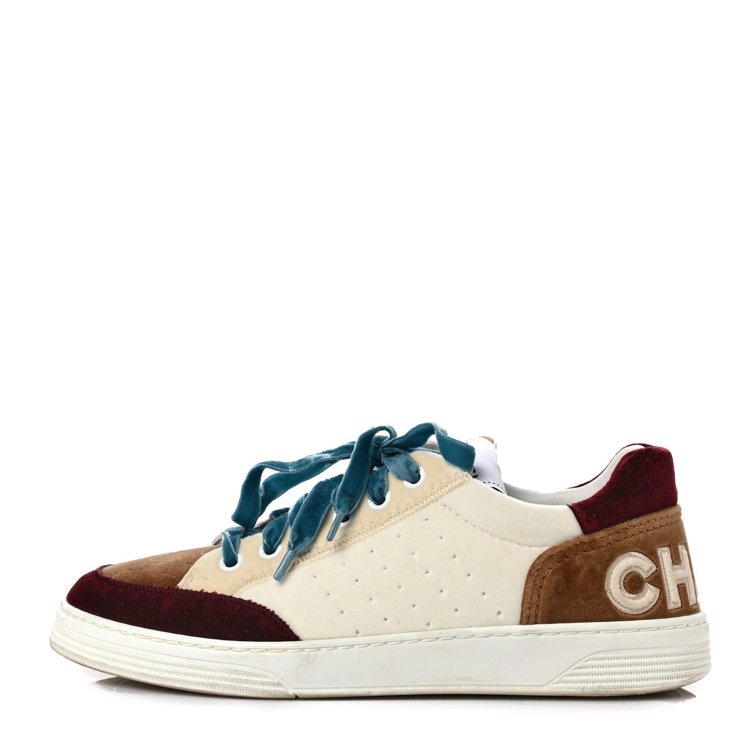 Chanel Calfskin Velvet Womens Logo Sneakers 38.5 White Beige Burgundy 1 of 12