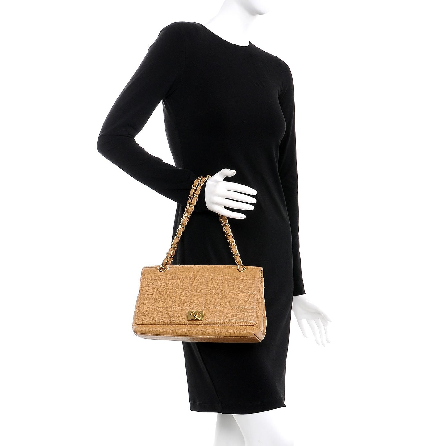 Caviar Square Stitched Medium Flap Beige