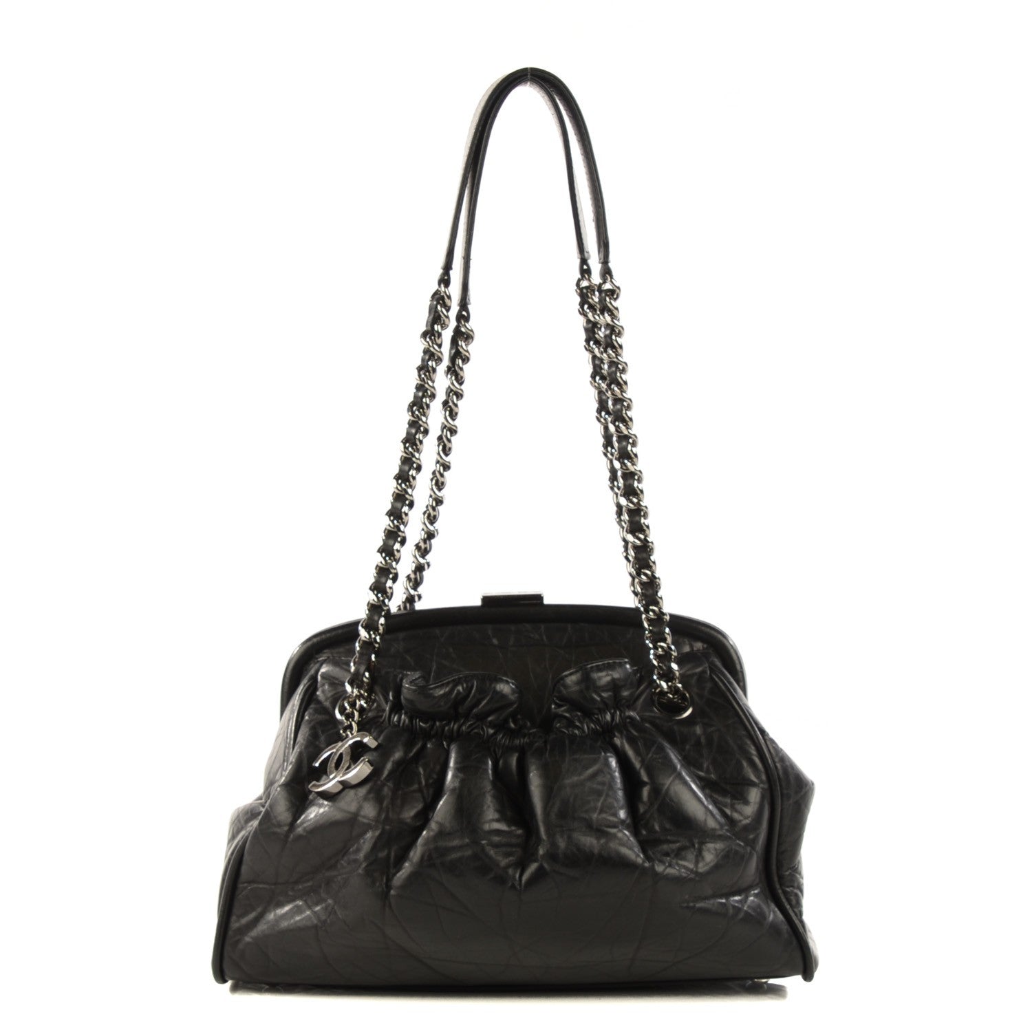 Chanel Distressed Lambskin Paris NY Framed Pleated Pouch Bag Black 1 of 7