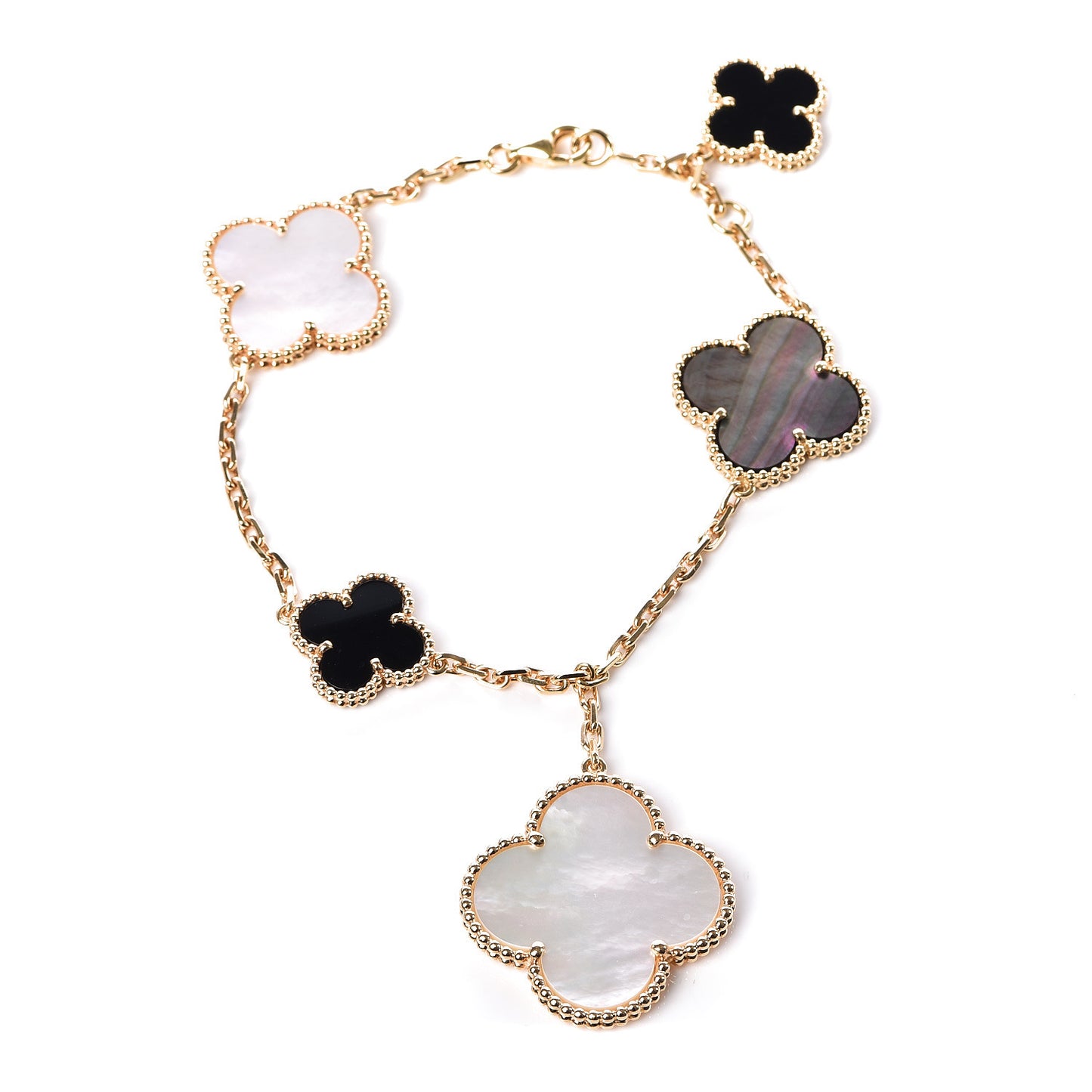 18K Yellow Gold Grey Mother of Pearl Black Onyx 5 Motifs Magic Alhambra Bracelet