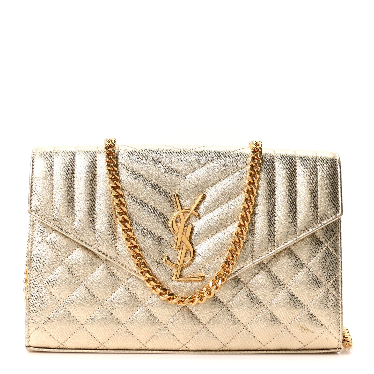 Metallic Calfskin Tri-Quilt Monogram Envelope Chain Wallet Grey Oro