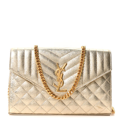 Saint Laurent Metallic Calfskin Tri-Quilt Monogram Envelope Chain Wallet Grey Oro 1 of 10