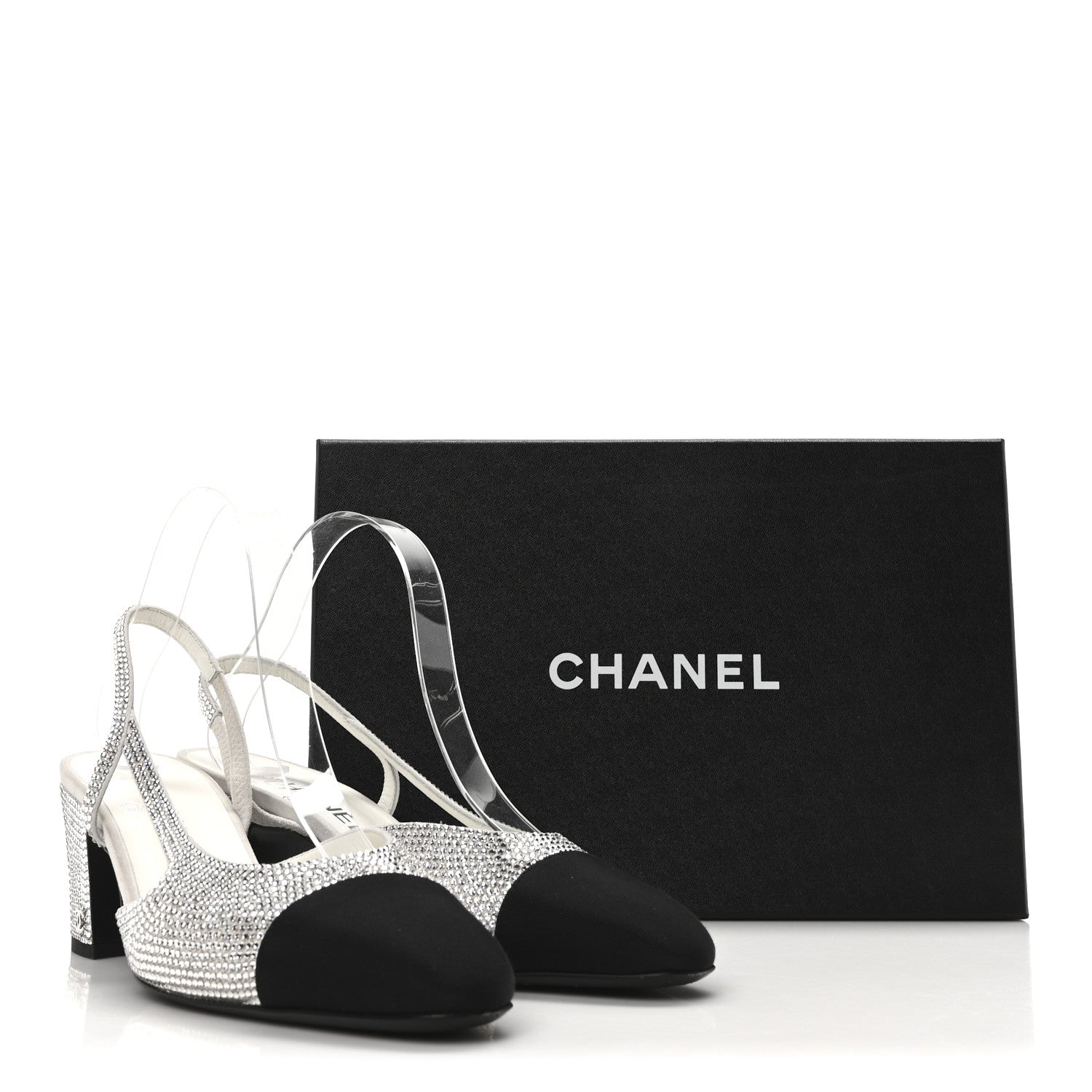 Chanel Strass Grosgrain Cap Toe CC Slingback Pumps 39 Silver Black