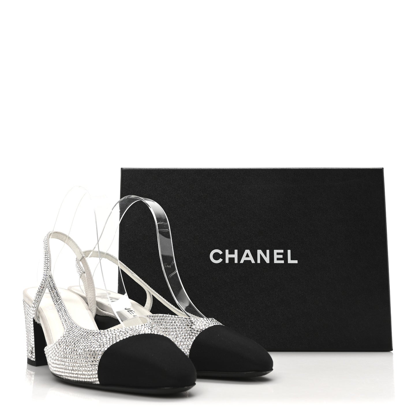 Strass Grosgrain Cap Toe CC Slingback Pumps 39 Silver Black