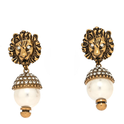 Gucci Metal Crystal Lion Earrings Aged Gold 1 of 4