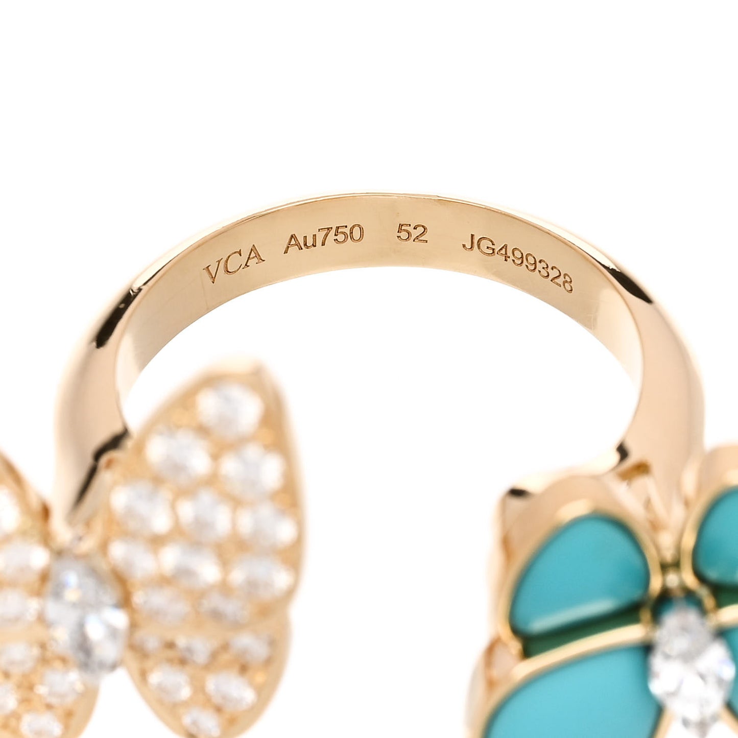 18K Yellow Gold Diamond Turquoise Two Butterfly Between The Finger Ring 52 6