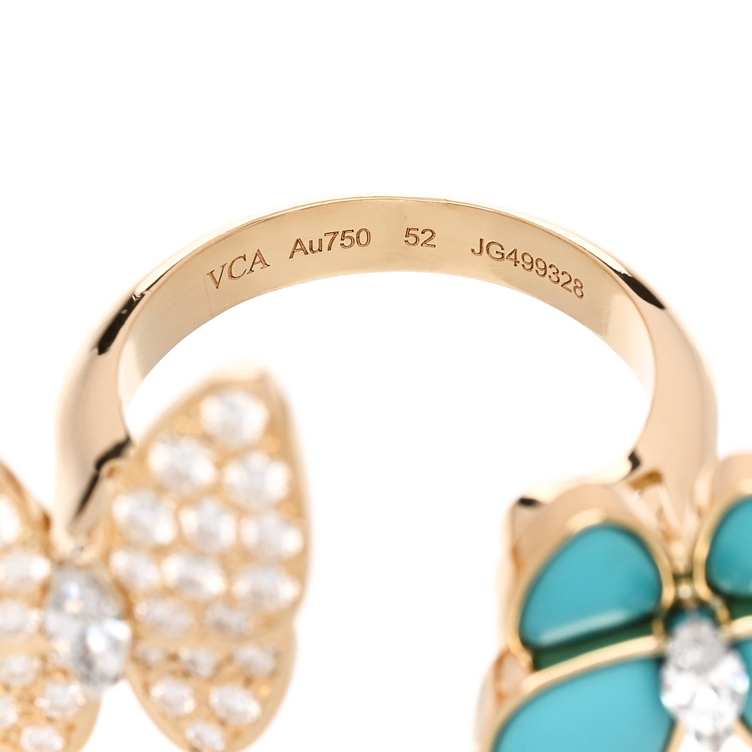 Van Cleef & Arpels 18K Yellow Gold Diamond Turquoise Two Butterfly Between The Finger Ring 52 6 4 of 5