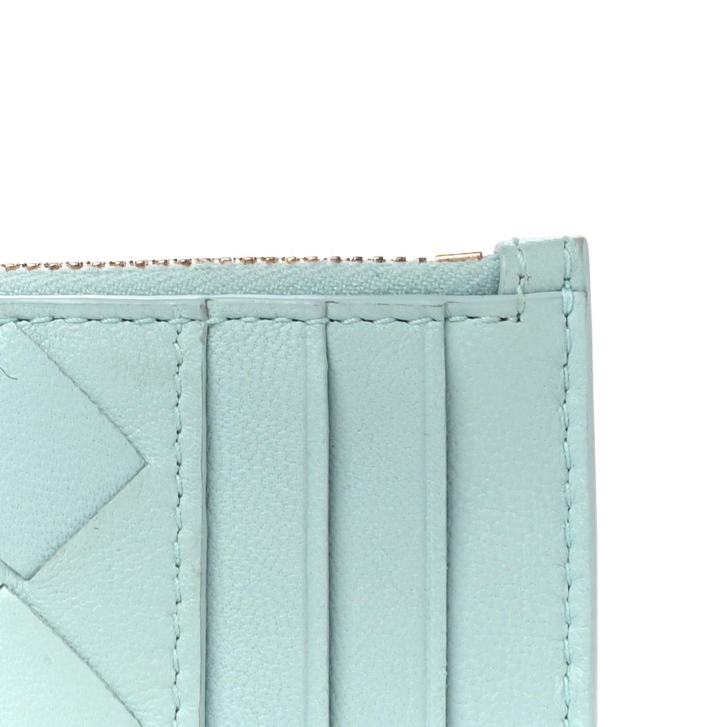 Calfskin Intrecciato Zip Card Holder Teal Washed