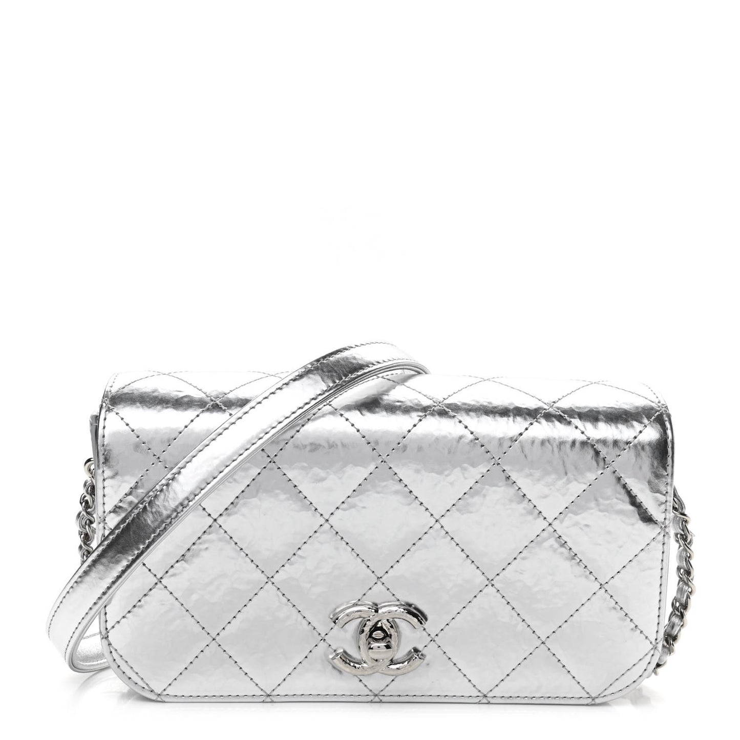 Hammered Metallic Calfskin Quilted Flap Silver