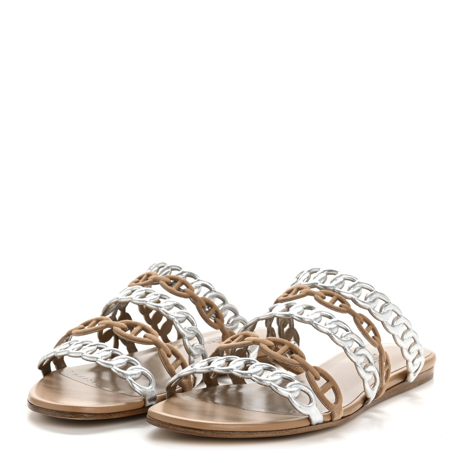 Hermes Metallic Nappa Suede Chaine d'Ancre Nude Sandals 36 Beige Sable Gris Argente 4 of 10