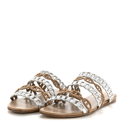 Hermes Metallic Nappa Suede Chaine d'Ancre Nude Sandals 36 Beige Sable Gris Argente 4 of 10