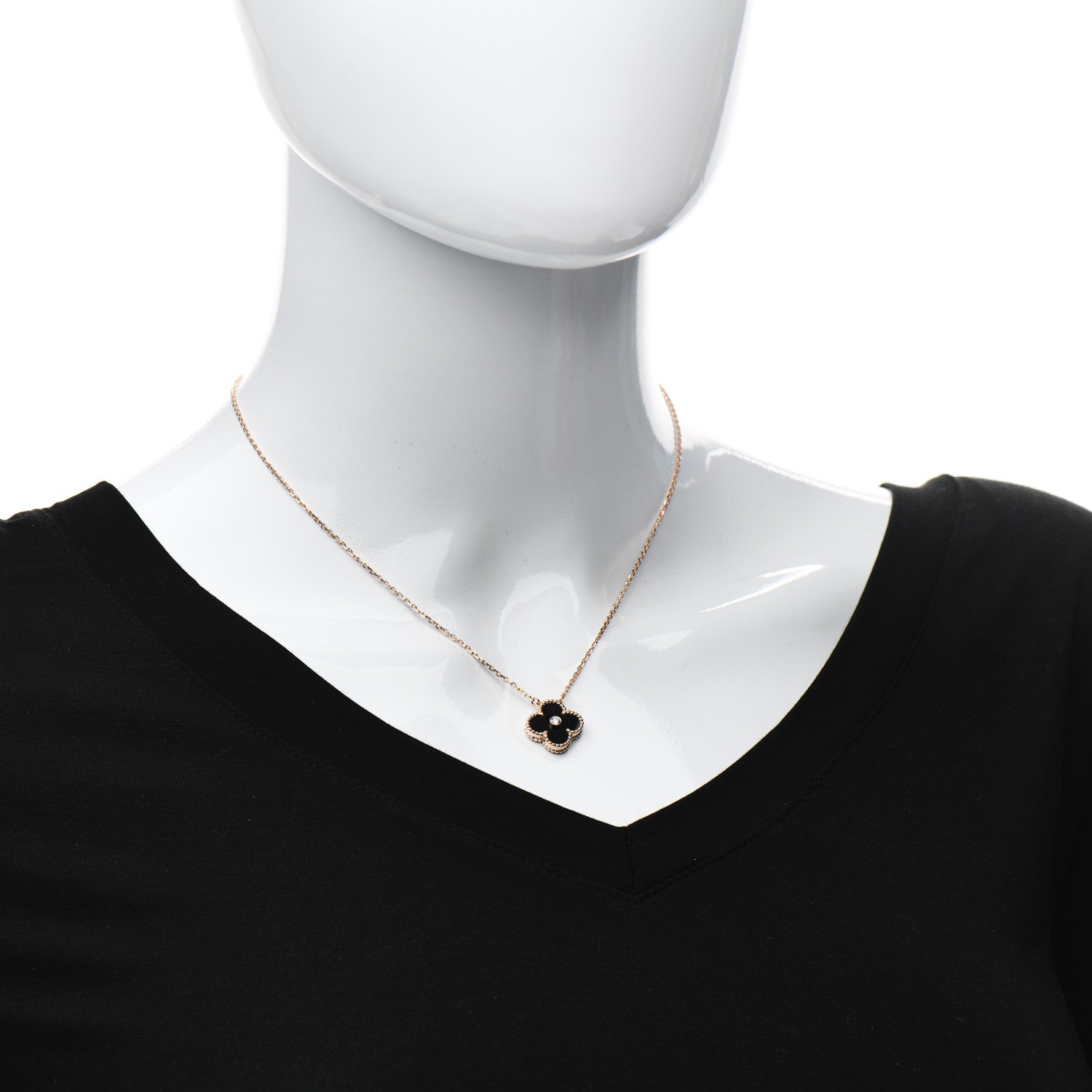 Van Cleef & Arpels 18K Rose Gold Diamond Black Onyx Vintage Alhambra Pendant Necklace 2 of 6